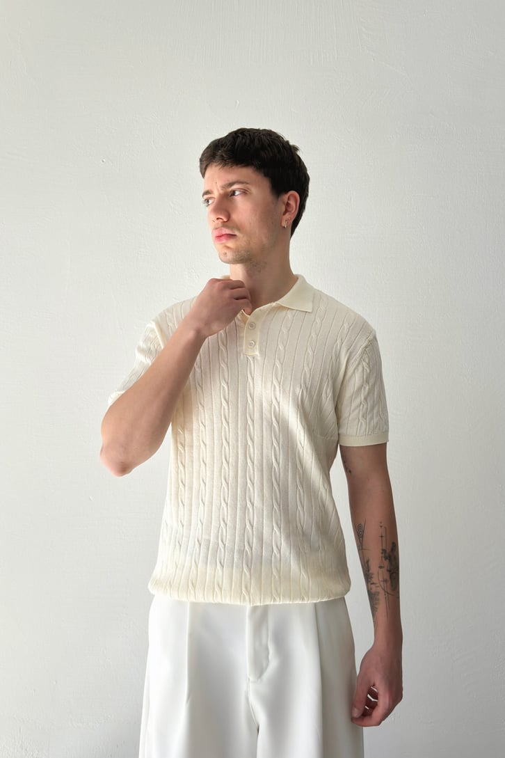 Polo Collar Cable Knit T-Shirt